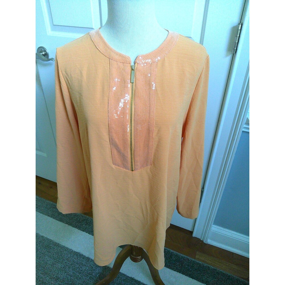 MELANIE LYNE PEACH  1/4 ZIP FRONT SEQUIN PLACKET LONG SLEEVE TUNIC  TOP SIZE 8